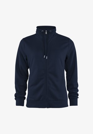 Marineblaue Jacke mit Reißverschluss, hohem Kragen, Kordelzug, langen Ärmeln, gerippten Bündchen und Bund auf weißem Hintergrund.