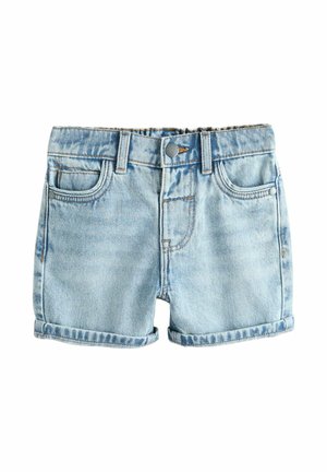 Light blue denim shorts with rolled hems, front button, belt loops, and front pockets on a white background.