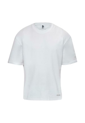 White cotton t-shirt featuring a round neckline and short sleeves. Straight cut with a small logo accent on the side. Smooth texture.