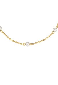 Kultainen ketjukaulakoru, jossa on vaihtelevia pieniä valkoisia helmiä ja hienovaraisia lenkkejä, luoden teksturoidun ja elegantin muotoilun.