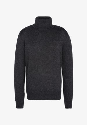 Dunkelgrauer Rollkragenpullover aus weichem, strukturiertem Stoff. Mit langen Ärmeln und einem figurbetonten Schnitt, der ein dezentes Logo auf der Brust trägt.