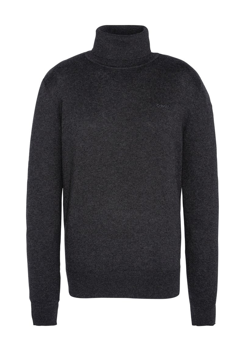 Maglione a collo alto di colore grigio scuro, realizzato in tessuto morbido e strutturato. Presenta maniche lunghe e una vestibilità aderente con un logo discreto sul petto.