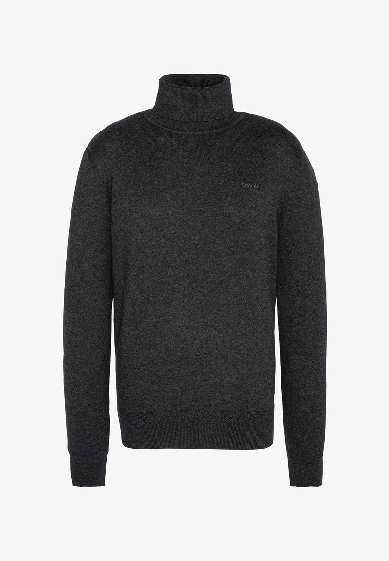 Suéter de cuello alto en gris oscuro, hecho de un tejido suave y texturizado. Presenta mangas largas y un diseño ajustado con un logo sutil en el pecho.