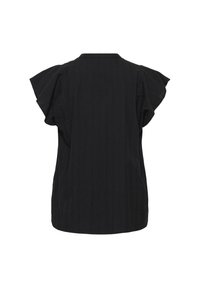 Blouse noire à manches courtes avec manches amples et volantées, vue de dos sur fond blanc.