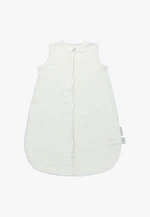 Gigoteuse blanche sans manches pour bébé avec fermeture éclair frontale et motif circulaire texturé sur le tissu.