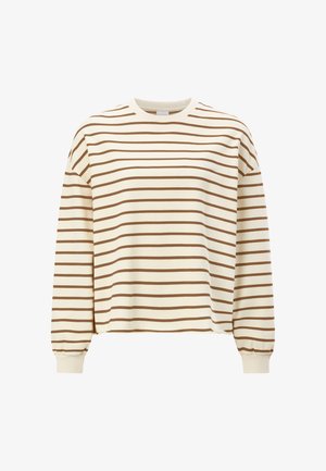 Kermainen pitkähihainen neule, jossa ruskeat vaakaraitoja, resorit hihansuissa ja pyöreä pääntie.