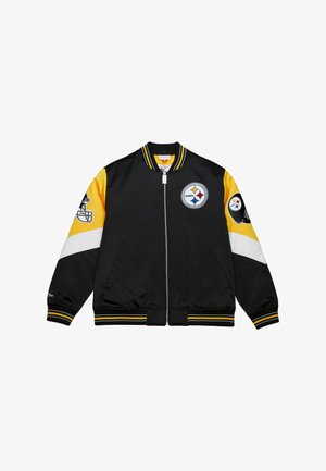 Black bomber jacket with yellow sleeves, white accents, and the Pittsburgh Steelers logo on the chest and left sleeve. Features a zip front.