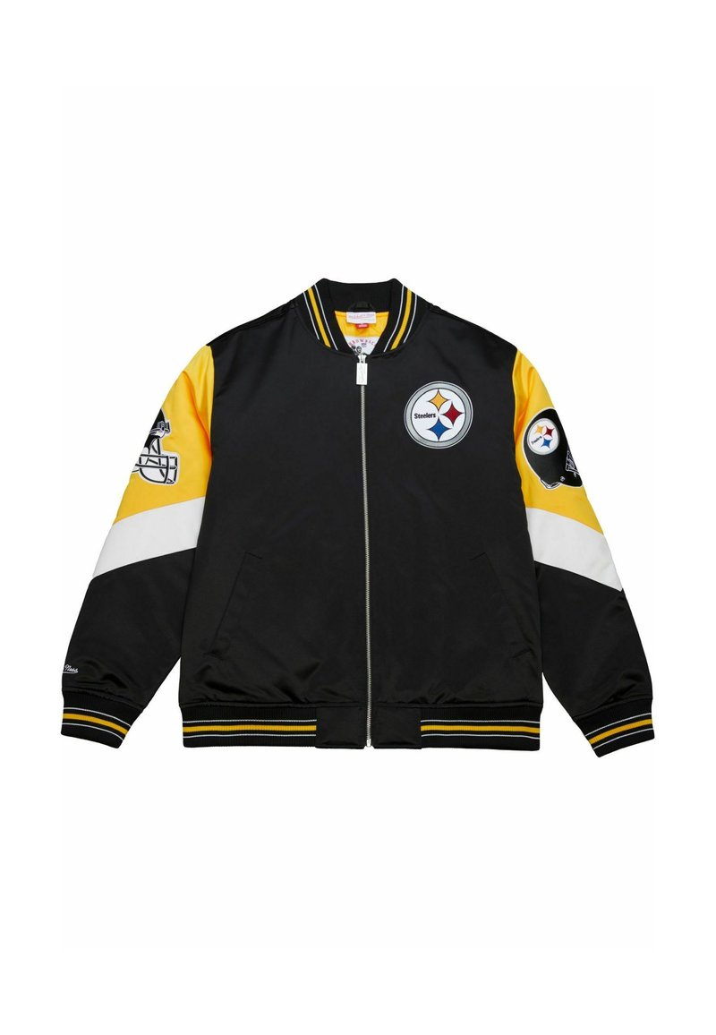 Schwarze Bomberjacke mit gelben Ärmeln, weißen Akzenten und dem Logo der Pittsburgh Steelers auf der Brust und im linken Ärmel. Mit durchgehendem Reißverschluss.