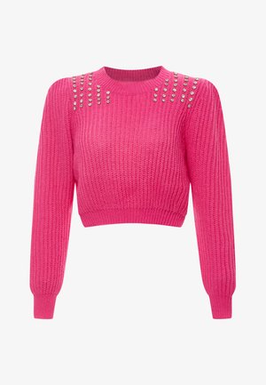 Rosa gestrickter, kurz geschnittener Pullover mit langen Ärmeln. Verfügt über silberne Nieten auf den Schultern und eine gerippte Textur im Stoff und an den Bündchen.