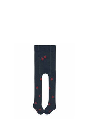 Collants navy en matière douce, ornés d'un motif floral rouge répété. Design sans couture avec bouts fermés pour plus de confort.