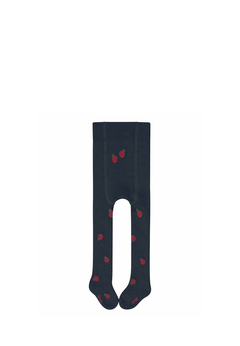 Collant blu realizzati in morbido materiale, caratterizzati da un motivo floreale rosso ripetuto in tutto il capo. Design senza cuciture e punta chiusa per un maggiore comfort.