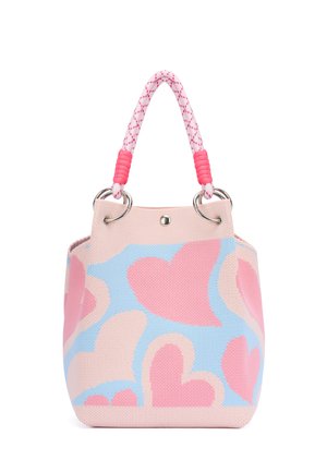 Small tote bag with pink and blue heart patterns, textured fabric, and pink rope handles with silver ring attachments.