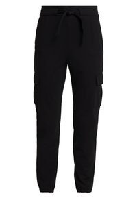 Svarta joggingsbyxor i mjukt tyg, med en elastisk midja och dragsko, två sidofickor och ribbade muddar.