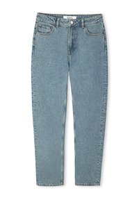 Jeans de denim azul claro con un corte recto, que cuentan con una cintura alta, cinco bolsillos y un cierre de botón. Tejido texturizado con detalles desgastados.