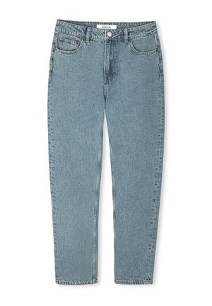 Lichtblauwe denim jeans met een rechte pasvorm, met een hoge taille, vijf zakken en een knoopsluiting. Getextureerde stof met vervaagde details.
