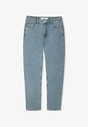 Lichtblauwe denim jeans met een rechte pasvorm, met een hoge taille, vijf zakken en een knoopsluiting. Getextureerde stof met vervaagde details.