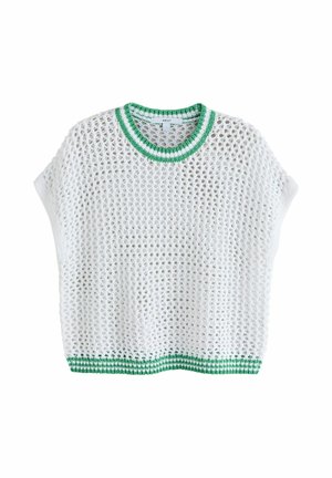 Biały ażurowy top z krótkim rękawem, z zielono-białym prążkowanym kołnierzem i obszyciem, metka widoczna wewnątrz przy dekolcie.