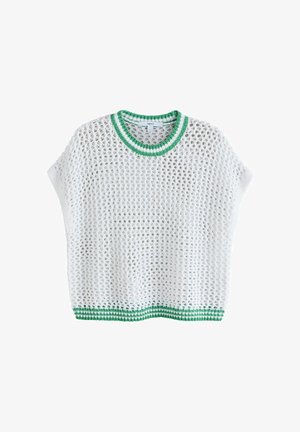 Weißes, offen gestricktes Kurzarmoberteil mit grün-weiß geripptem Kragen und Saum, Etikett sichtbar an der Innenseite des Halsausschnitts.