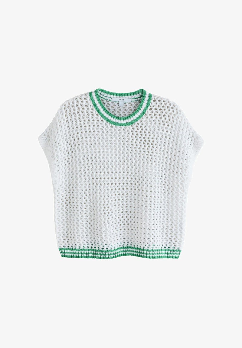 Haut blanc à manches courtes en maille ajourée avec col et ourlet côtelés verts et blancs, étiquette visible à l'intérieur du col.