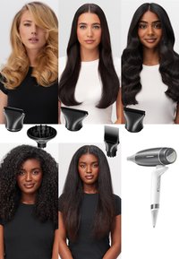 Cinq femmes aux types de cheveux variés — vagues blondes, cheveux noirs lisses, boucles lâches, boucles serrées et longs cheveux raides — montrées avec un sèche-cheveux et ses accessoires.