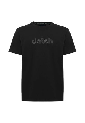 T-shirt nera a maniche corte con collo rotondo e logo "datch" grigio scuro al centro del petto.