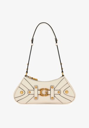 Torebka z białej skóry o zaokrąglonym kształcie, czarne akcenty, złote elementy metalowe i ozdobne paski. Wyposażona w zamek błyskawiczny i detal z logo.