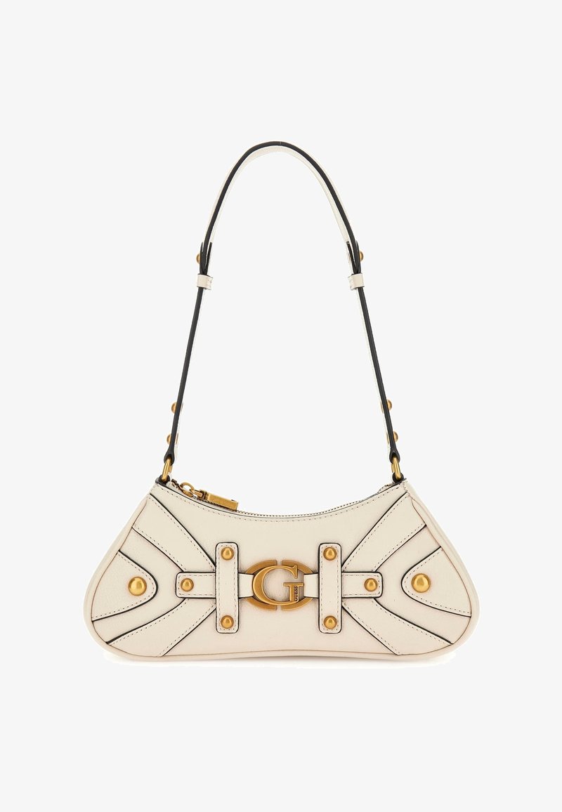 Torebka z białej skóry o zaokrąglonym kształcie, czarne akcenty, złote elementy metalowe i ozdobne paski. Wyposażona w zamek błyskawiczny i detal z logo.