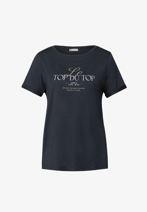 Navyblaue Baumwoll-T-Shirt mit rundem Halsausschnitt, kurzen Ärmeln und Textdesign: "Le TOP DU TOP - OWN THE DAY" in hellbeige.