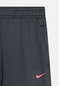 Grå idrettsshorts med elastisk midje, med en liten rosa Nike-logo på nedre høyre side. Glatt stoffstruktur.