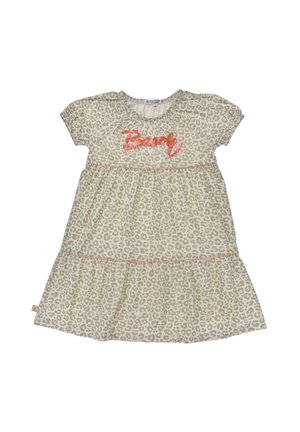 Short beige leopard print dress with short sleeves and "Beach" written in orange sequins across the chest.