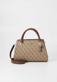 Beigefarbene Handtasche mit einem strukturierten Logomuster, braunen Lederakzenten, zwei Griffen und einem abnehmbaren Schulterriemen. Verfügt über ein Schlüsselanhänger-Detail.