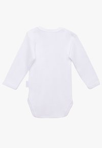 Long-sleeve white bodysuit made of soft fabric, featuring a rounded neckline and snap closures at the bottom for easy dressing.