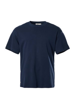 Marineblauw T-shirt met korte mouwen en ronde hals, met een rechte zoom en een klein label vlakbij de linksonderkant.