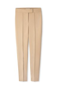 Beige op maat gemaakte broek met een gladde textuur, voorzien van voorplooien, een platte tailleband en rechte pijpen. Minimalistisch ontwerp, geen zichtbare zakken.
