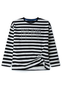 Czarna i biała, w paski, koszula z długim rękawem z węzłem na dole; na przodzie znajduje się napis "PEPE JEANS" ozdobiony kryształkami i okrągły dekolt.