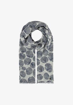 Lysegråt tørklæde med gentagne mørkeblå muslingemønstre, foldet med frynser i kanten på en hvid baggrund.