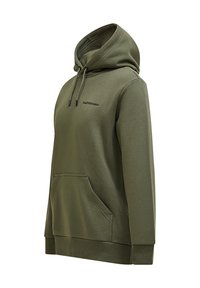 Olijfgroene hoodie van zacht materiaal, met een kangoeroezak, koordjes op de capuchon en geribde boorden en onderrand.