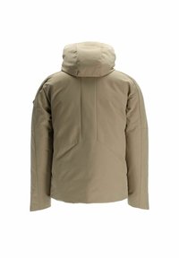 Beżowa pikowana kurtka z kapturem, o gładkim wykończeniu, z zarysowaną strukturą i pionowymi szwami na plecach. Bez widocznych zapięć.