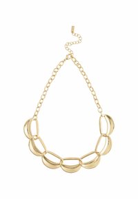 Gouden hangertje aan een ketting met gebogen, verbonden stukken met een gladde afwerking, verbonden door een ketting en eindigend in een verstelbare sluiting.