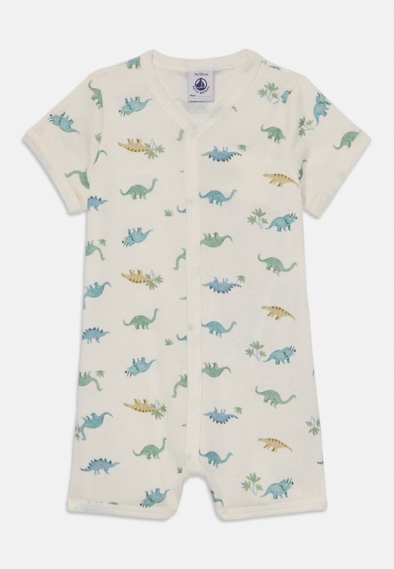 Kortermet babyromper i kremfarge laget av myk stoff, med fargerike dinosaurutskrifter og trykknapper foran.