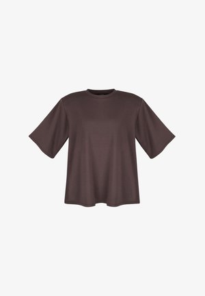 Ciemnobrązowy, oversize t-shirt z krótkim rękawem i okrągłym dekoltem, przedstawiony na jednolitym białym tle.