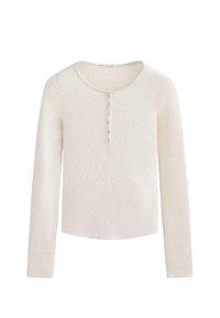 Lange mouwen crème top met een ronde halslijn, uitgerust met een knoopsluiting met vijf knopen en een getextureerd ribpatroon.