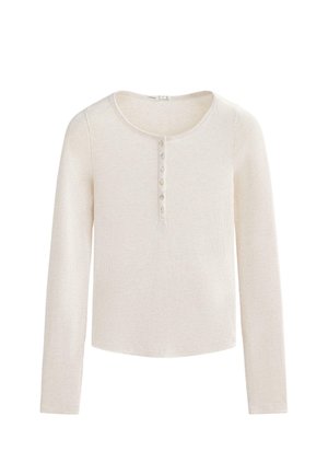 Lange mouwen crème top met een ronde halslijn, uitgerust met een knoopsluiting met vijf knopen en een getextureerd ribpatroon.