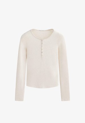 Long-sleeve cream top with a rounded neckline, featuring a button placket with five buttons and a textured ribbed design.