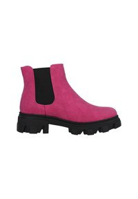 Botas de tobillo de ante rosa con un panel lateral elástico negro y una suela negra gruesa, que cuenta con un profundo relieve para una mejor tracción.