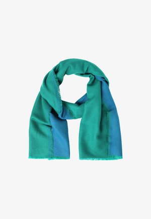 Türkiz és kék sál, puha anyagból készült, egyszerű mintával, frufrus élekkel és két színű árnyalattal.