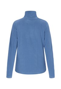 Lyseblå fleecepullover med høj hals, lange ærmer, glat tekstur og flade sømme, designet til komfort og varme.