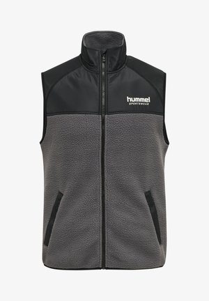 Szary polarowy kamizelka z czarnymi nylonowymi ramionami, wysokim kołnierzem, całkowitym zamkiem błyskawicznym, dwiema bocznymi kieszeniami oraz logo "hummel sportswear" na lewej piersi.