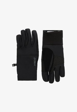 Een paar zwarte geïsoleerde handschoenen, waarvan de ene de palm met grip dots toont en de andere de achterkant met het "protest" logo en een verstelbare polsband.