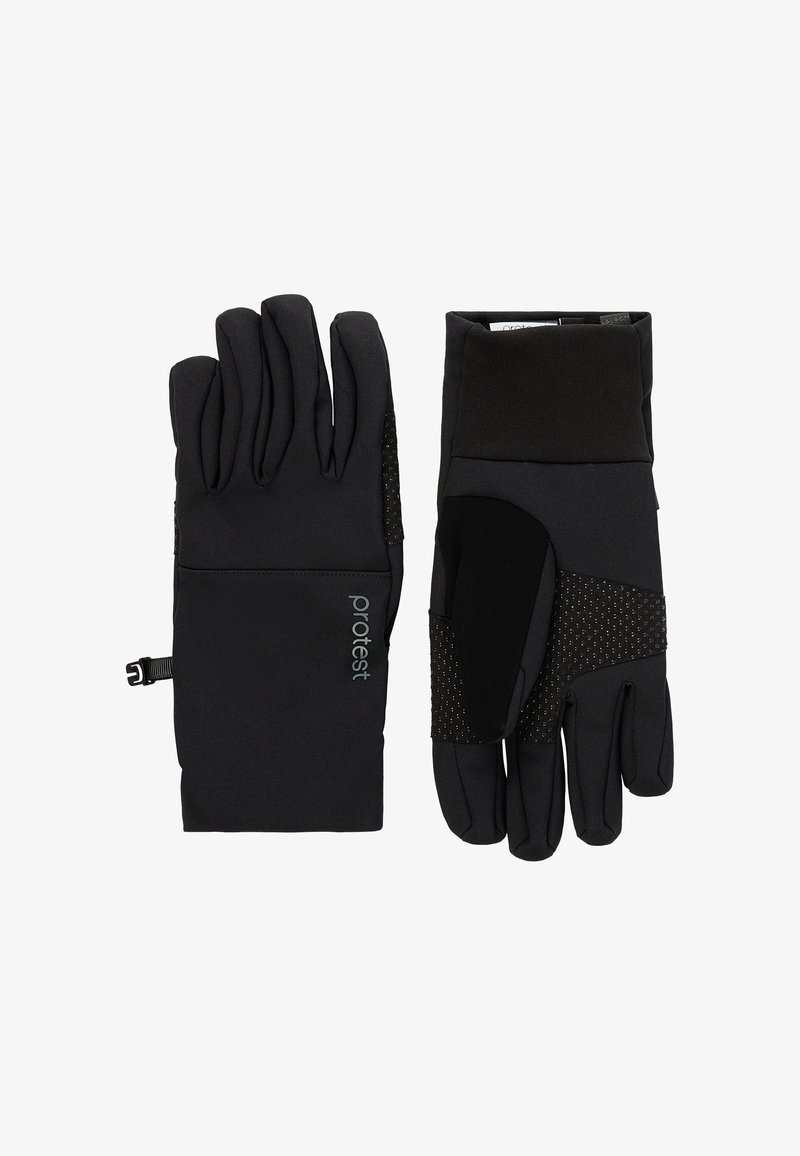 Pár čiernych izolačných rukavíc, z ktorých jeden ukazuje dlaň s protišmykovými bodkami a druhý chrbát s logom "protest" a nastaviteľným zápästným pásikom.